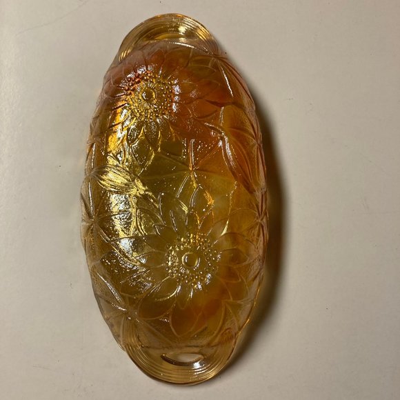 Vintage Carnival Glass Marigold/Sunflower Iridescent Oval Dish w/Handles - Picture 3 of 11